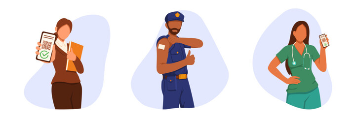 Vaccination save lives. People different occupations show certificate with qr code on smartphone. Policeman showing vaccinated arm. Vector illustration flat style