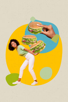 Composite collage photo of young nervous girl hold few burgers unhealthy fast food restaurant carry bistro isolated on drawing background