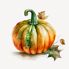 Orange pumpkin with leaves in watercolor style. Autumn food illustration. Generative AI.