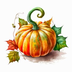 Orange pumpkin with leaves in watercolor style. Autumn food illustration. Generative AI.