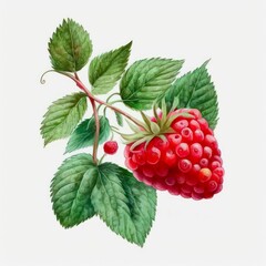 Watercolor illustration of ripe raspberries with leaves on white background. Generative AI.