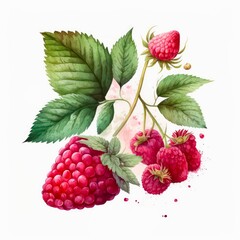 Watercolor illustration of ripe raspberries with leaves on white background. Generative AI.