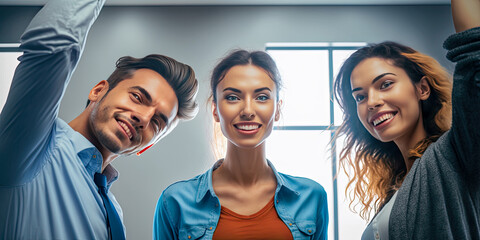 Fototapeta premium Happy coworkers together at work. Productivity and business concept - Generative AI
