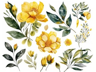 Watercolour floral of set. Watercolor Flower leaves collection - for bouquets, wreaths, wedding invitations, anniversary, birthday, postcards, greetings. generative ai