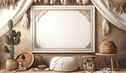 Mockup blank white frame in nomadic boho interior background. Generative Ai.