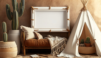 Obraz na płótnie Canvas Mockup blank white frame in nomadic boho interior background. Generative Ai.