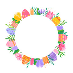 Fototapeta na wymiar Happy Easter vector illustration. Trendy Easter design with wreath, eggs and spring flowers in soft colors for banner, poster, greeting card.
