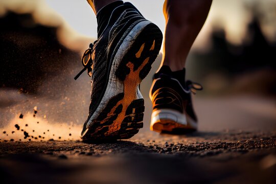 Close up to Runner Shoes, Runner feet on asphalt, close up from behind, sport energy, Generative AI