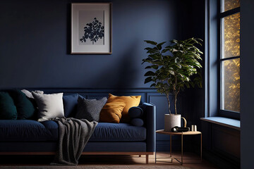 Modern monochrome blue living room with sofa as interior design concept illustration (Generative AI)