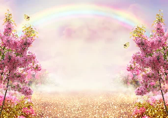 Gardinen Fantasy fairy tale forest with blooming pink apple tree garden and rainbow in sky, enchanted road path with luminous solar reflection sparkles and flying butterflies, nature landscape background. © julia_arda