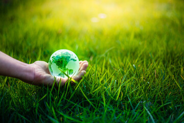 Hand holding glass Earth globe in green grass. Earth Day environment concept. Golden sunlight and...