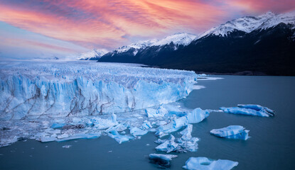 melting perito merino glacier at dawn