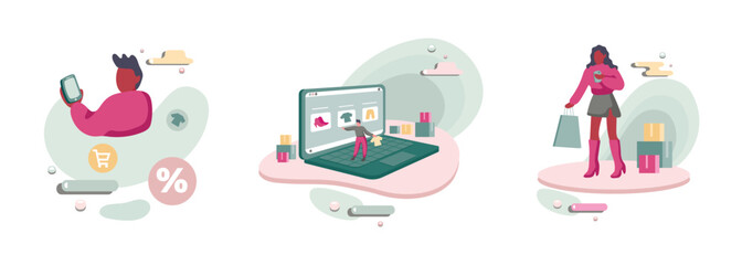 Set of different cartoon characters doing shopping online. Big sales and discounts. Purchase of goods via Internet. Consumer society. Commercial business. Shopaholic people. Ecommerce. Vector