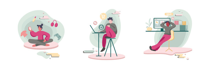 Cartoon characters do shopping online from home. People making purchases over Internet. Choosing goods online. Digital environment. Electronic commerce. Vector