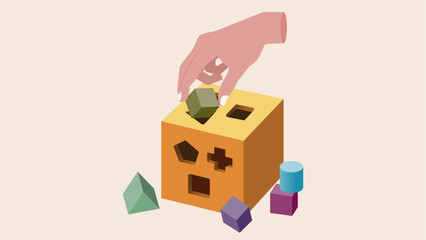 A hand playing shape sorting cube. Problem solving.