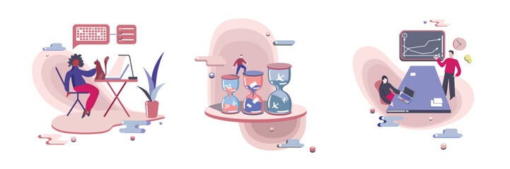 Work and life balance, daily routine color 2d vector graphic. Woman with laptop and cat on her table flat art set. Man stepping on sand clock, office workers at conference isolated illustration