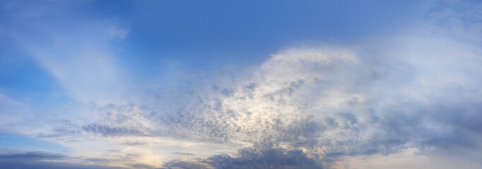 Naklejka na ściany i meble Blue sky with cloud, sky background. Seasonal horizontal outdoors landscape. Climate, travel, peace, meteorology and ozone concept