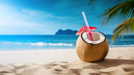 Coconut drink on white sand beach. Based on generative AI