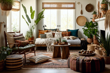Bohemian Natural and neutral tones Minimal interior design,living room Generative ai