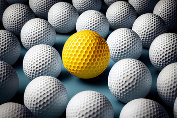A yellow golf ball standing out from the crowd. Individuality cobcept. Generative ai