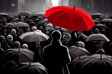 Red umbrella in a crowd of black one. Individuality concept. Generative ai