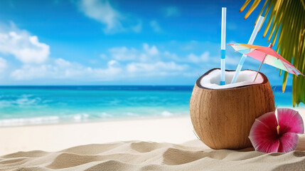 Coconut drink on white sand beach. Based on generative AI