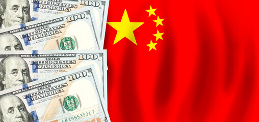 Dollars on flag of China Chinese finance, subsidies, social support, GDP concept