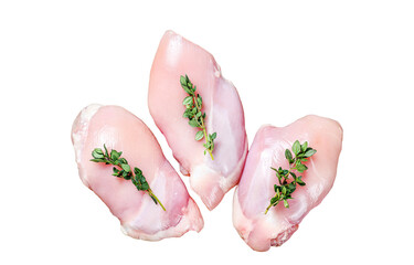 Raw Chicken skinless thigh fillet on a wooden cutting board.   Isolated, transparent background.