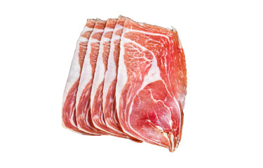 Traditional Spanish sliced Jamon Serrano ham on a cutting board.  Isolated, transparent background.