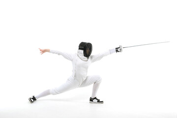 Female fencer practicing with a sword on a white background