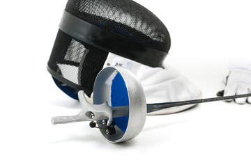 Sports equipment for fencing on a white background.