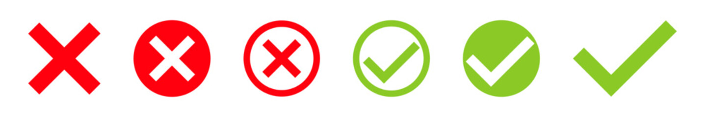 Green check mark and red cross vector illustration set. Checklist mark icon.