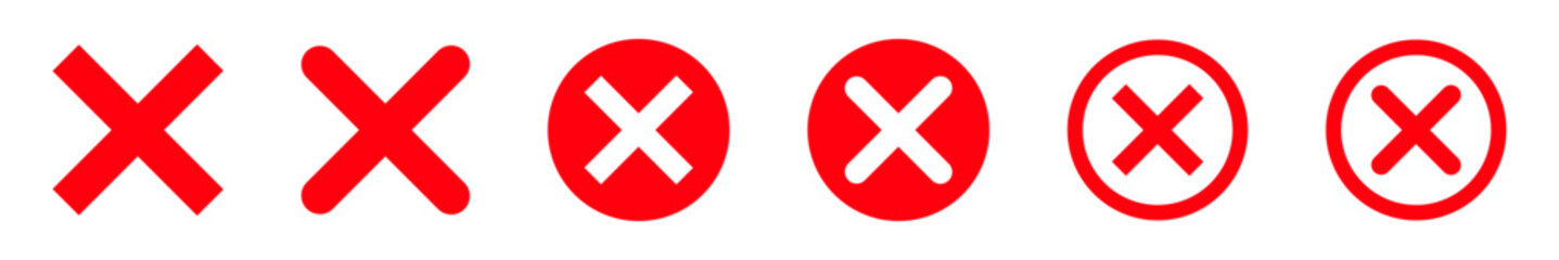 Red cross vector illustration set. Negativ sign. Checklist mark icon.