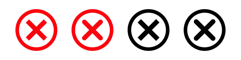 Black and red cross vector illustration set. Negativ sign. Checklist mark icon.