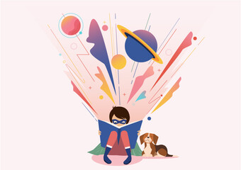 A little boy with his puppy reading a book full of imagination