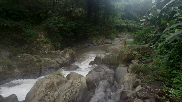 Aerial forward flight over tropical Gitgit Waterfall with Stream between rainforest in Bali