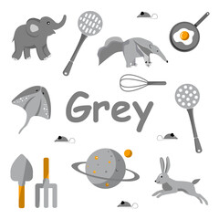 grey color. Flash cards for learning and practicing colors. Worksheet for children
