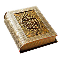 Fototapeta premium Holy Quran in gold yellow cover on transparent isolated background. Generative AI.