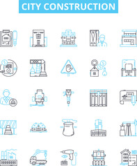 City construction vector line icons set. Urbanization, architecture, infrastructure, building, redevelopment, planning, growth illustration outline concept symbols and signs - obrazy, fototapety, plakaty