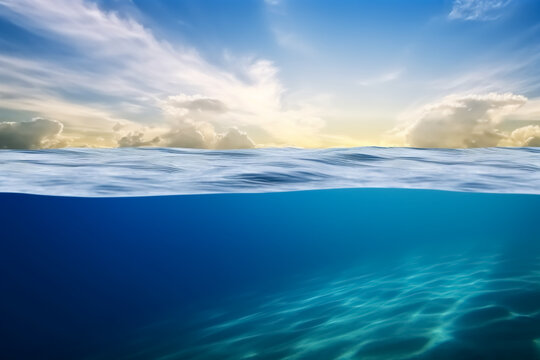 Meer oder Ozean mit halber Unterwasser Aufnahme und Wolken am Horizont - Thema Urlaub oder Reisebüro - Generative AI