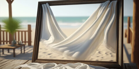 White linen cloth on a wooden frame waving in the wind - Generative AI