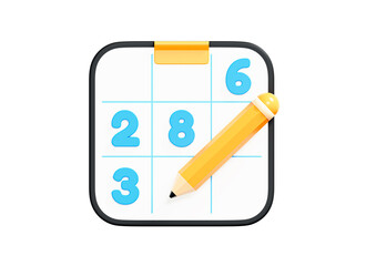 3D Sudoku game. Solve crossword puzzle. Mobile app logo. Note and pencil. Leisure activity. Japanese number game. Keep your brain in shape. Cartoon creative design icon isolated on white. 3D Rendering