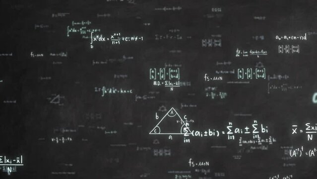 Abstract Physics equation concept, Mathematics calculation, Sciences formula, arithmetic and handwritten geometry symbol, handwriting study chalk on black chalkboard background, 3d rendering