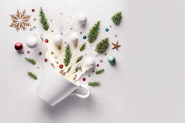 A cup with milk, seen from above, spilled with Christmas motifs. Ai generated.