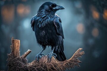 A large raven perches atop a branch, its black feathers and sharp beak making it stand out in the wildlife. Ai generated. - obrazy, fototapety, plakaty