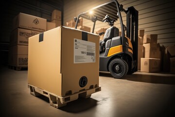A large cardboard box handled by an operator in a logistics center. Ai generated.