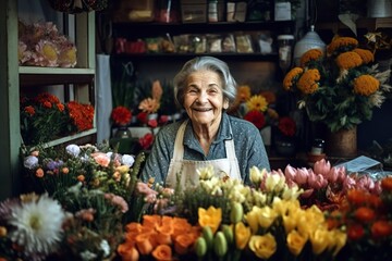 Obraz premium A senior woman shopkeeper tending her flower stall at a flea market. Ai generated.