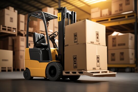 A forklift in a warehouse moves heavy cardboard boxes. Ai generated