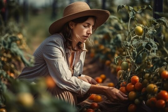 A pretty farming woman picks tomatoes from her sustainable garden. Ai generated.