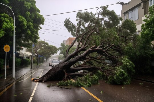 A storm fells trees, fallen on the road. Ai generated.